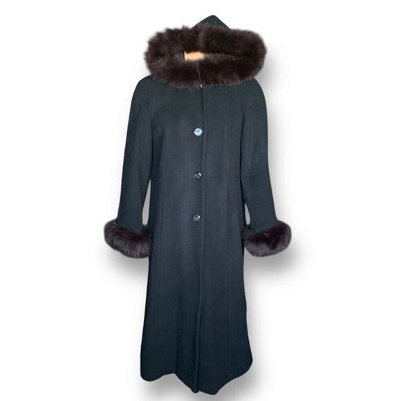 Vintage 80s Black Wool Cashmere Blend Longline Coat Fox Fur Trim Hooded Collar